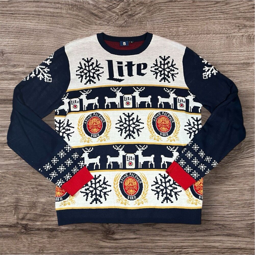 Miller Lite Ski Sweater Pullover Beer Deer Snowflake‎ Winter Party Men’s Size XL